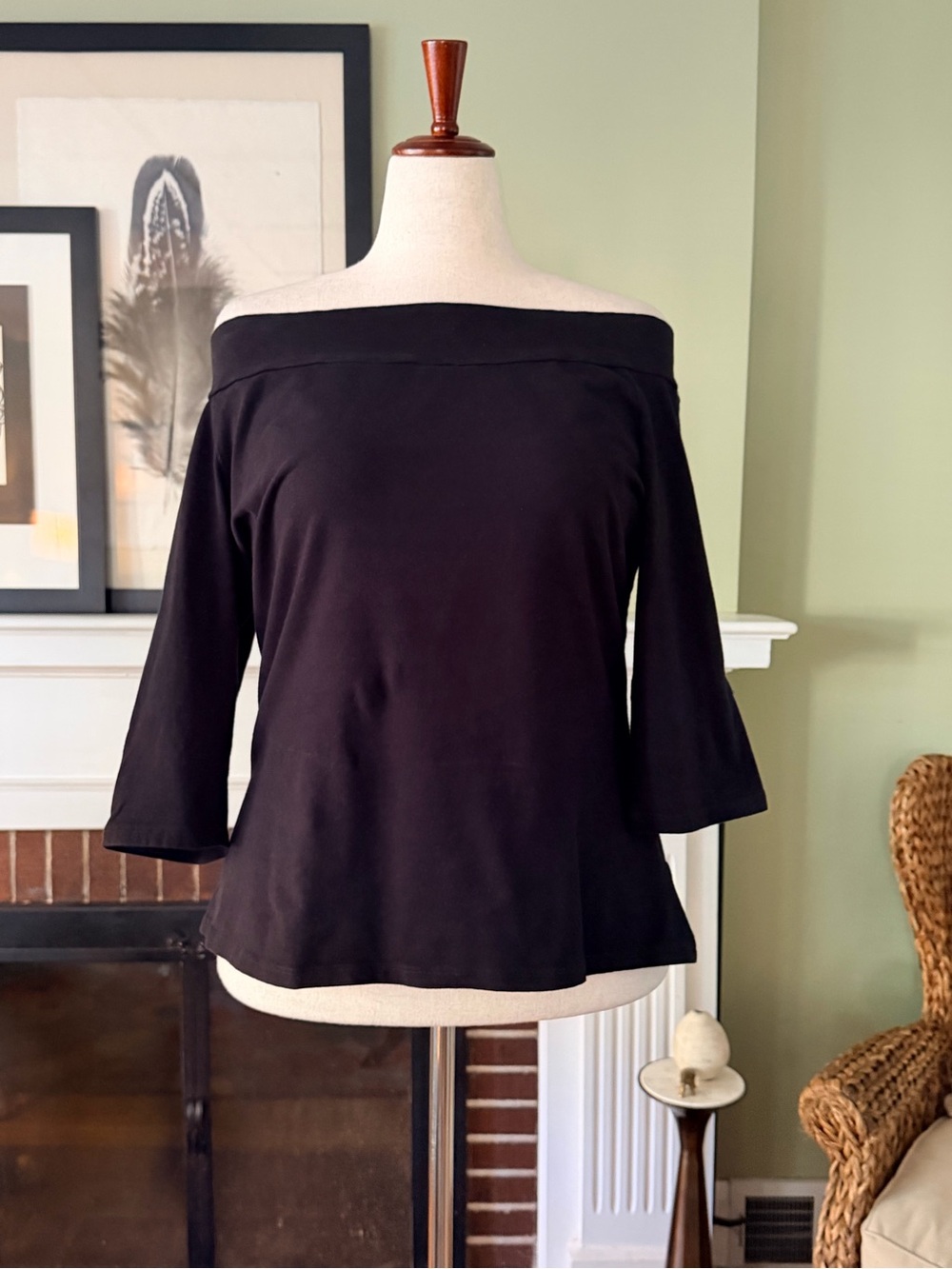 Au Fond Black Bardot Off Shoulder Stretch Cotton Knit Top 3/4 Sleeve - Size 2X